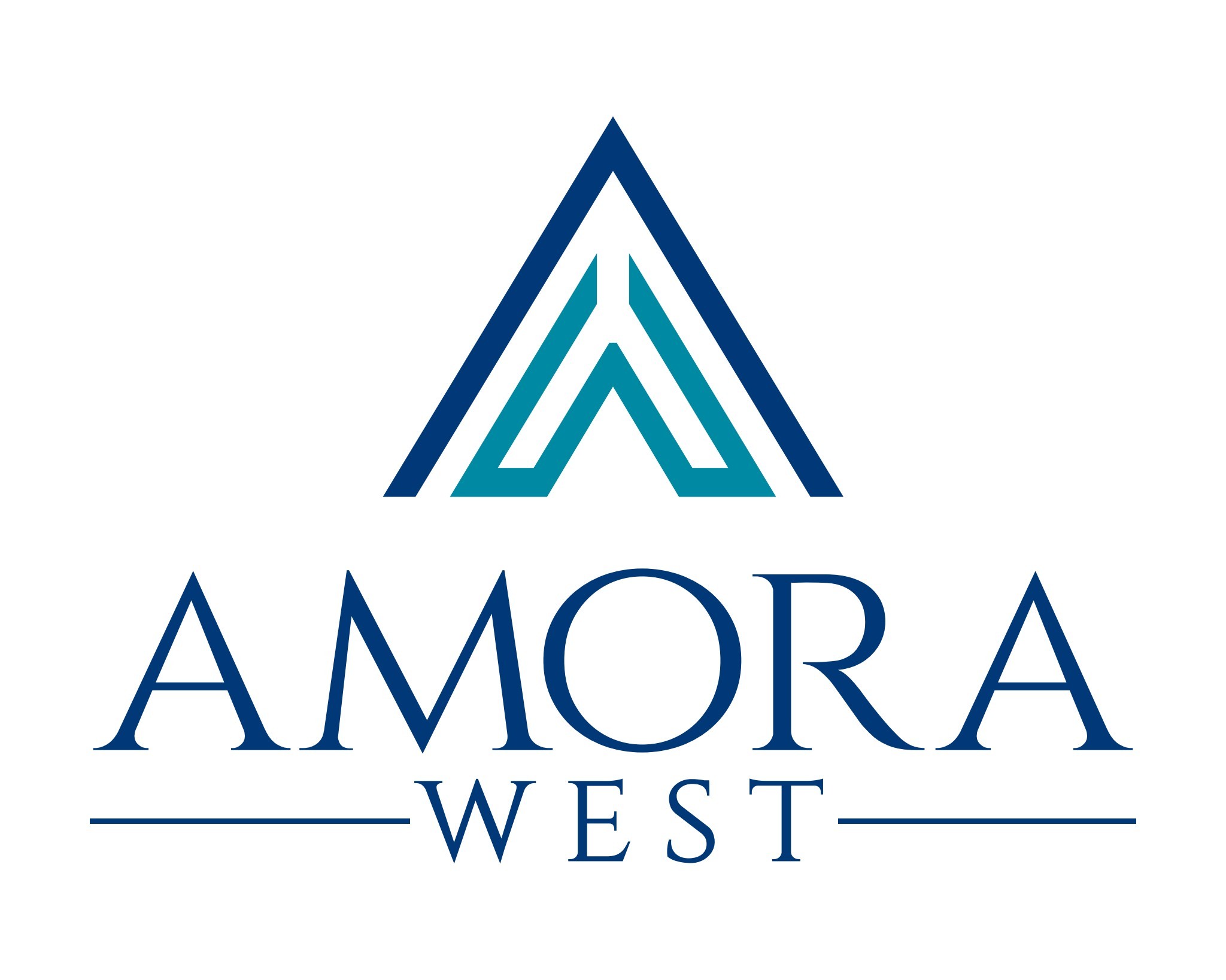 A logo with the words "Amora West" in blue font.